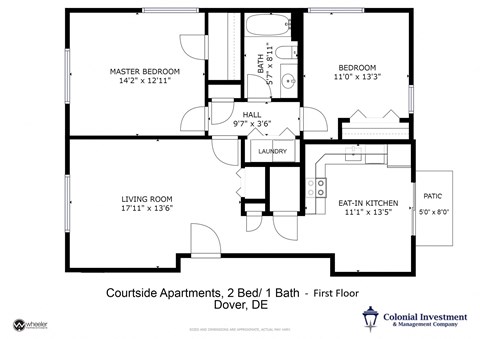 Courtside Apartments - Floor Plan for 2-Bedrooms / 1 full Bath / First Floor
